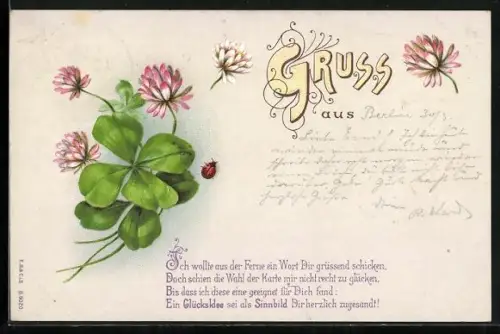 Lithographie Kleeblätter mit Blüten und Gedicht, Ich wollte aus der Fern ein Wort Dir grüssend schicken...