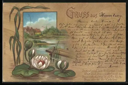 Lithographie Teich mit Seerosen und Gedicht, Setz ich mich zum Schreiben nieder stört mich dies und stört mich das...