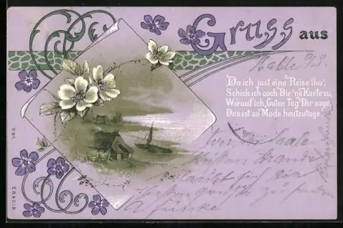 Lithographie Landschaft am Wasser mit Gedicht, Da ich just eine Reis ihu, schick ich auch Dir ne Karte zu...