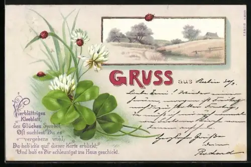 Künstler-AK Kleeblätter und Marienkäfer mit Flusslandschaft