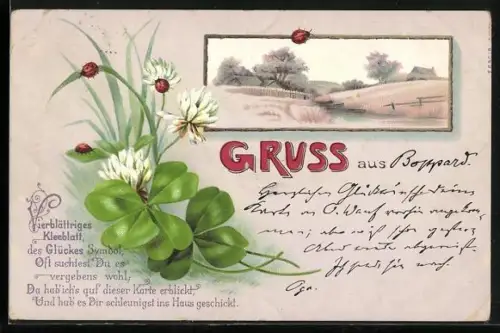 Künstler-AK Kleeblätter und Marienkäfer mit Flusslandschaft