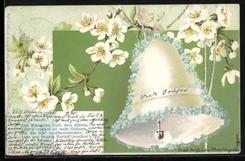 Lithographie Glocke mit Vergissmeinnicht und weissen Blüten, Des Blümleins Duft dem süssen Gleich vollauf all mein...
