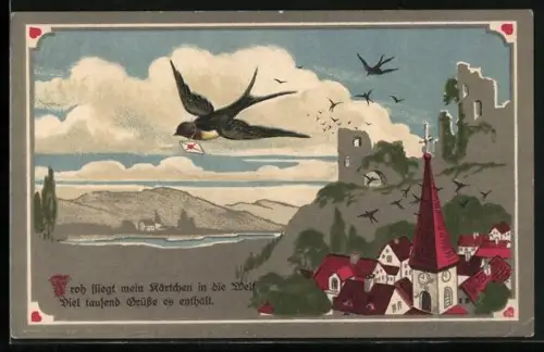 Künstler-AK Schwalbe bringt einen Brief, Froh fliegt mein Kärtchen in die Welt, Viel tausend Grüsse es enthält