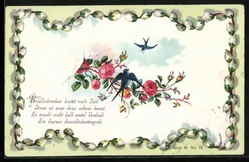 Präge-AK Schwalbe sitzt auf einem Rosenzweig, eine andere Schwalbe bringt einen Brief, Briefschreiben kostet viele...
