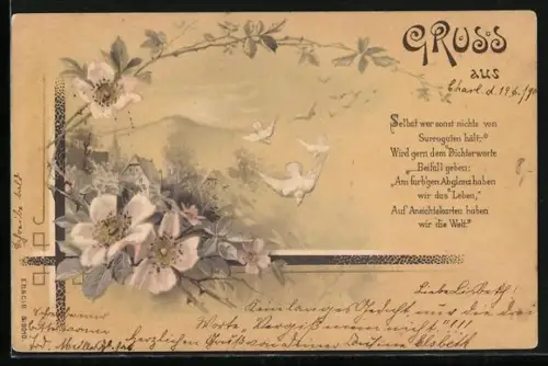 Lithographie Weisse Tauben fliegen durch die Luft, Selbst wer sonst nichts von Surrogaten hält...