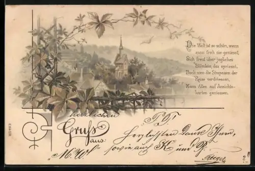 AK Schöne Landschaft mit einem Dorf und Sinnspruch