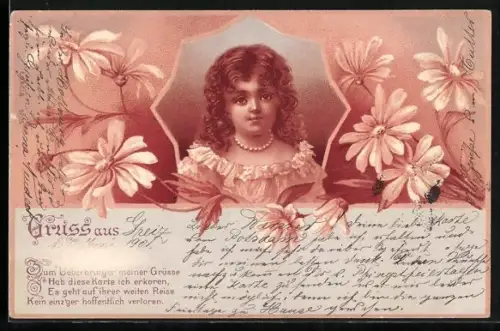 Lithographie Porträt eines Mädchens mit Margeriten, Zum Ueberbringer meiner Grüsse Hab diese Karte ich erkoren...