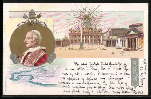 Lithographie Sonnenaufgang über dem Vatikan, Papst Leo XIII.