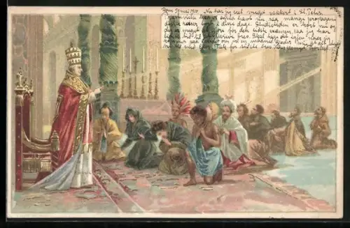 AK Papst Leo XIII. hört die Bitten von den armen Menschen