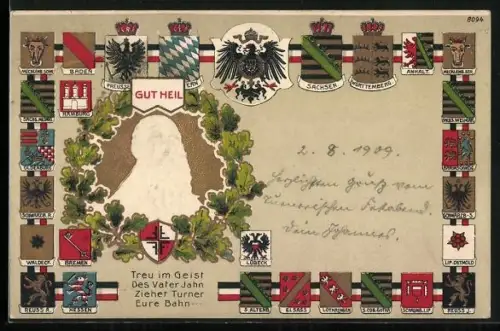 AK Relief von Turnvater Jahn, Wappen von Anhalt, Wappen von Schwarzburg