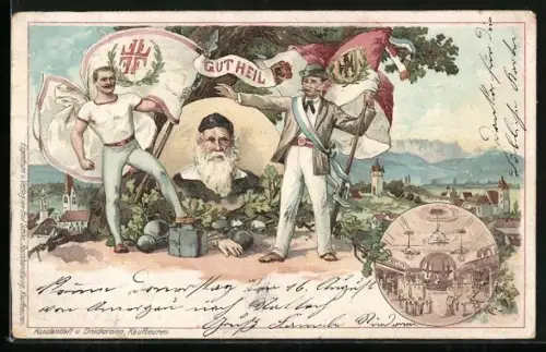 Lithographie Turner mit Flaggen und einem Porträt von Turnvater Jahn