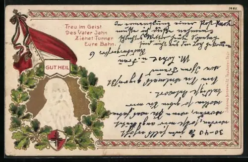 Künstler-AK Turnvater Jahn in einem Kranz aus Eichenlaub