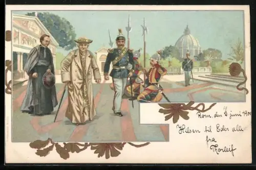AK Papst Leo XIII. in Begleitung und salutierende Schweizer Garde