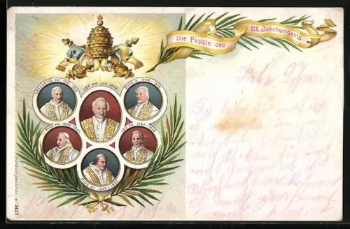 AK Die Päpste des XIX. Jahrhunderts, Portrait Papst Leo XIII., Papst Gregorius XVI., Papst Pius VII. - IX., Wappen