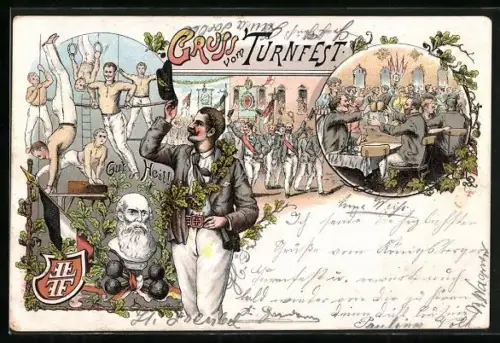 Lithographie Lübeck, Lübecker Kreisturnfest, Büste von Turnvater Jahn mit Hanteln, Turner am Reck und mit Fahnen