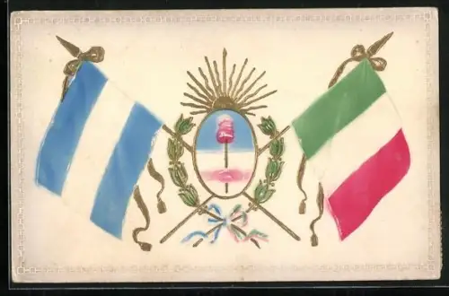 Präge-AK Flaggen von Italien und Argentinien mit Wappen