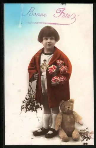 AK Kind mit Teddy, Mistelzweigen und Blumen