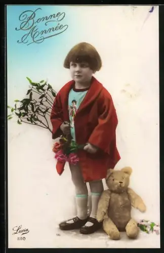 AK Mädchen mit Mistelzweig und Teddy