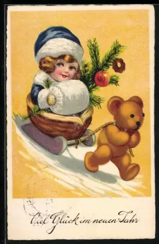 Künstler-AK Teddy zieht ein Kind auf einem Schlitten durch den Schnee