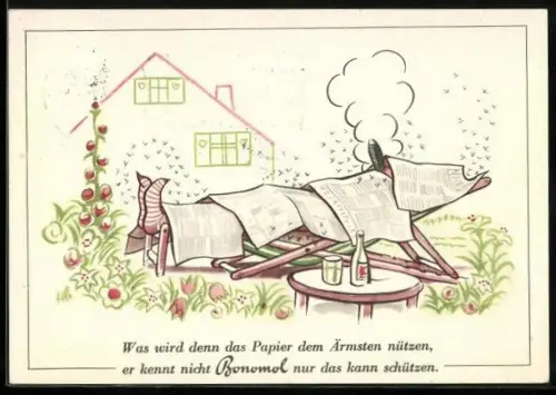 AK Reklame für das Anti-Mückenmittel Bonomol mit einem Mann der sich versucht mit Papier vor Mücken zu schützen