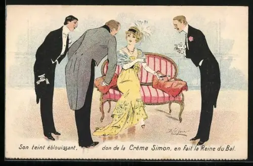 AK Drei Herren im Frack hofieren eine Dame, Werbung für Creme Simon