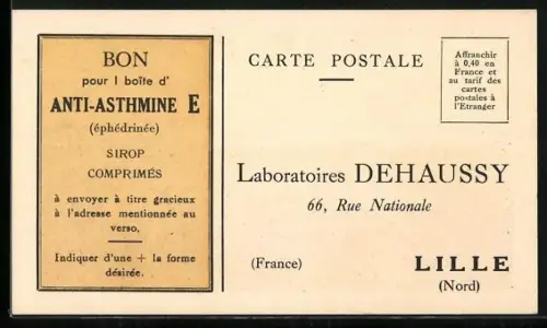 AK Lille, Anti-Asthmine E, Laboratoires Dehaussy, 66 Rue Nationale, Lille