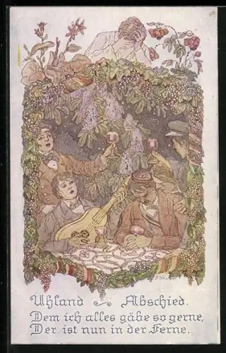 AK Studenten beim Weintrinken u. weinende Frau, Gedichtzeilen aus Abschied von Ludwig Uhland