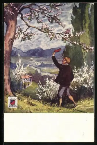 AK Student winkt mit Mütze über einer Flusslandschaft, Wappen