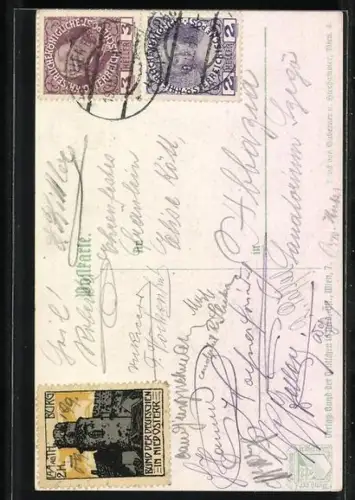 AK Student winkt mit Mütze über einer Flusslandschaft, Wappen