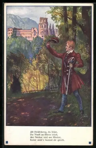Künstler-AK Heidelberg, Student zieht seine Mütze als er des Schlosses ansichtig wird