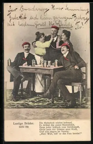 AK Lustige Brüder, Die Heiterkeit wächst kolossal..., Studenten mit Frauen am Biertisch