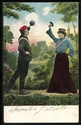 AK Student und Studentin im Fechtduell