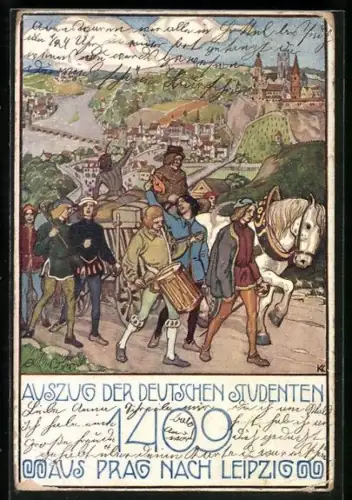 Künstler-AK Auszug der deutschen Studenten aus Prag nach Leipzig, 1409