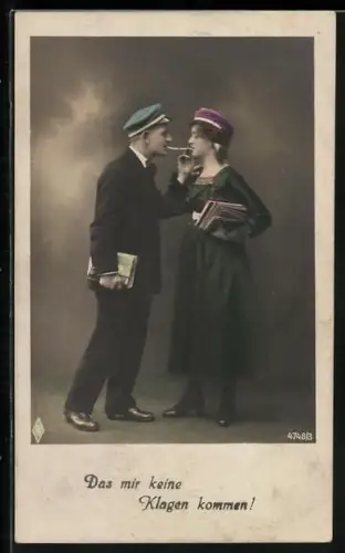 AK Das mir keine Klagen kommen!, Studentenpaar mit Zigaretten