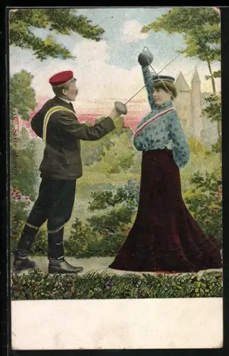 AK Student u. Studentin beim Fechten vor Turmkulisse