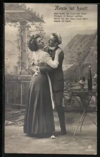 AK Student mit Servierdame auf einer Weinterrasse, Heute ist heut!
