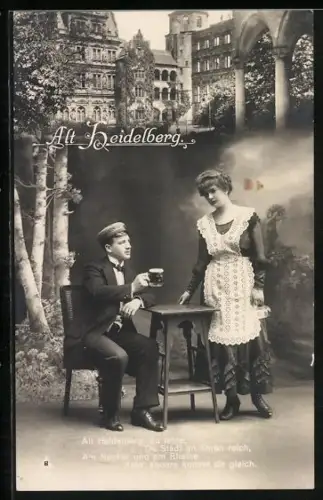 AK Student beim Bier, Servierdame, Gebäude, Alt-Heidelberg