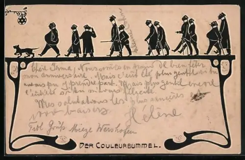 AK Der Couleurbummel, Spaziergang mit Hund, Schattenbild