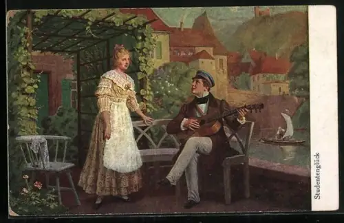 AK Studentenglück, Bursche mit Gitarre und blondes Fräulein
