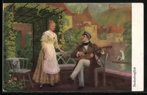 AK Studentenglück, Bursche mit Gitarre und blondes Fräulein