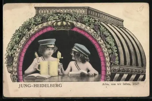 AK Kleine Studenten mit Bier und Büchern in einem verzierten Fass, Jung-Heidelberg