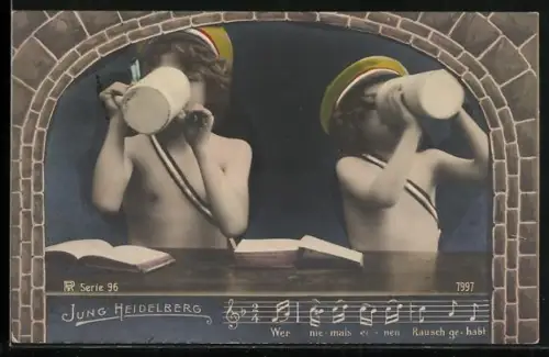 AK Heidelberg, Kinder mit Studentenmütze beim Biertrinken, studentische Szene