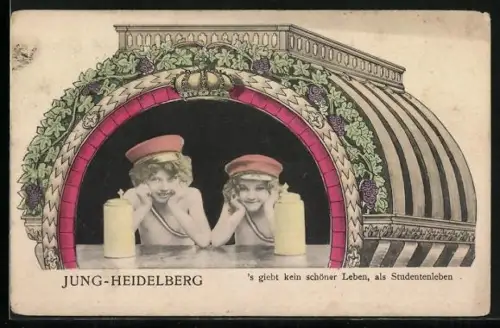 AK Kleine Studenten mit Bierkrügen in einem verzierten Fass, Jung-Heidelberg