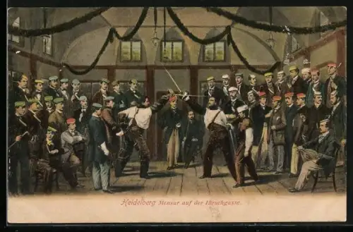 AK Heidelberg, Mensur auf der Hirschgasse, Fechtszene