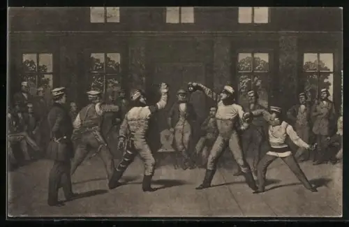 AK Duell auf Schläger, studentische Szene vor einer Fensterfront