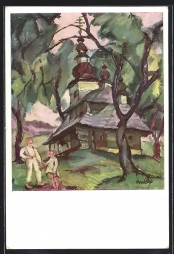 Künstler-AK Erdélyi Vojtech, Cerkov Bystra u Svalav