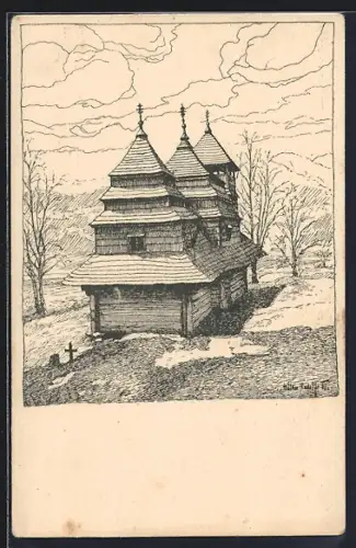 Künstler-AK Kostrinách, Dreveny kostelik