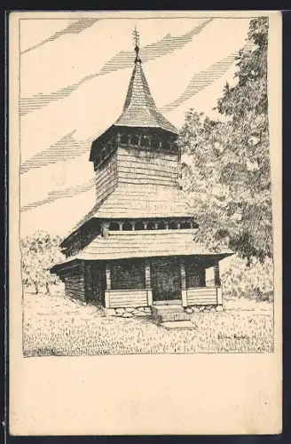 Künstler-AK Sojmu, Dreveny kostelik, Kirche der Ortschaft