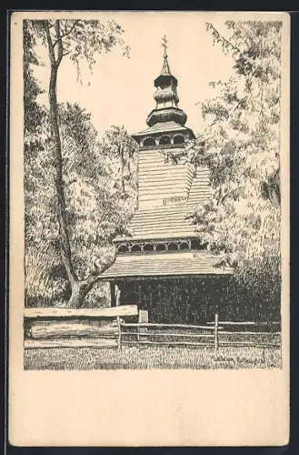 Künstler-AK Bystré, Dreveny kostelik