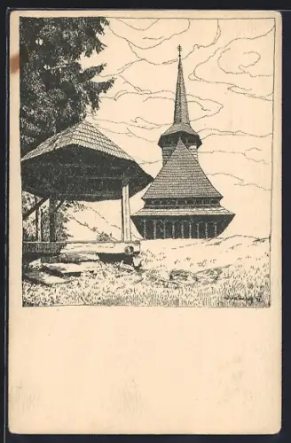 Künstler-AK Majdance, Dreveny kostelik